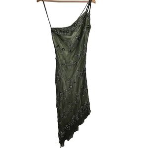 Scala Olive Green Asymmetrical Beaded Slip Dress